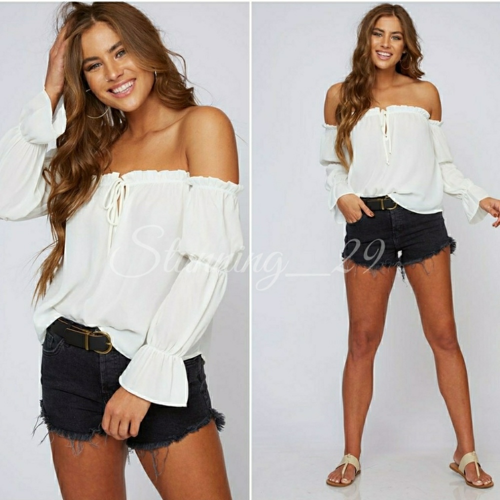 🆕 WHITE OFF SHOULDER LONG BELL SLEEVE RUFFLE TOP - Picture 4 of 6